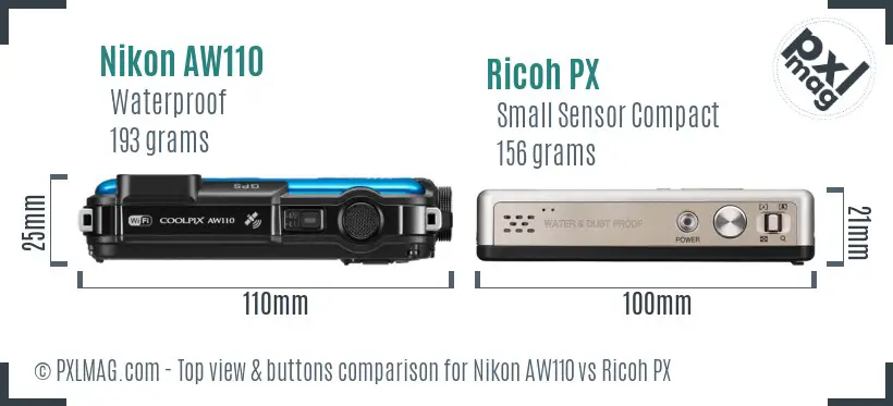 Nikon AW110 vs Ricoh PX top view buttons comparison Nikon AW110 vs Ricoh PX top view buttons comparison
