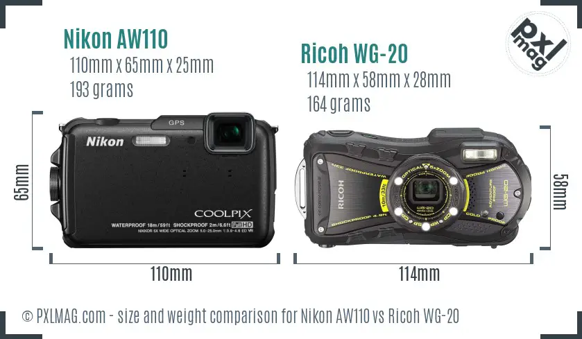 Nikon AW110 vs Ricoh WG-20 size comparison