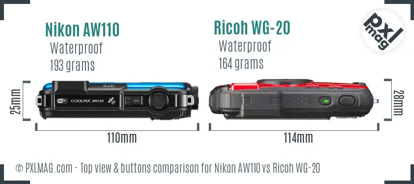 Nikon AW110 vs Ricoh WG-20 top view buttons comparison