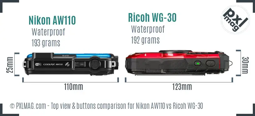Nikon AW110 vs Ricoh WG-30 top view buttons comparison