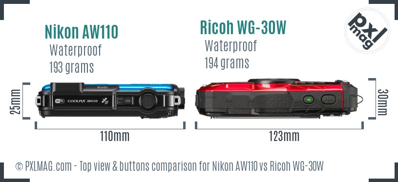 Nikon AW110 vs Ricoh WG-30W top view buttons comparison