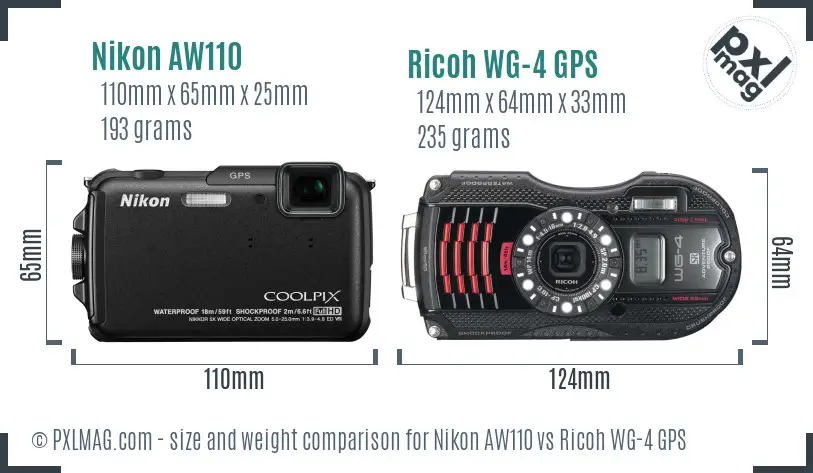 Nikon AW110 vs Ricoh WG-4 GPS size comparison Nikon AW110 vs Ricoh WG-4 GPS size comparison