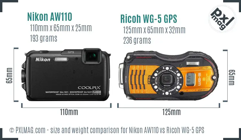 Nikon AW110 vs Ricoh WG-5 GPS size comparison