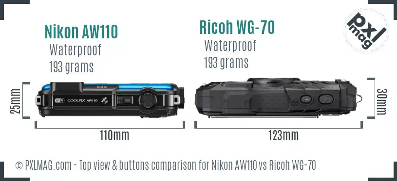 Nikon AW110 vs Ricoh WG-70 top view buttons comparison Nikon AW110 vs Ricoh WG-70 top view buttons comparison