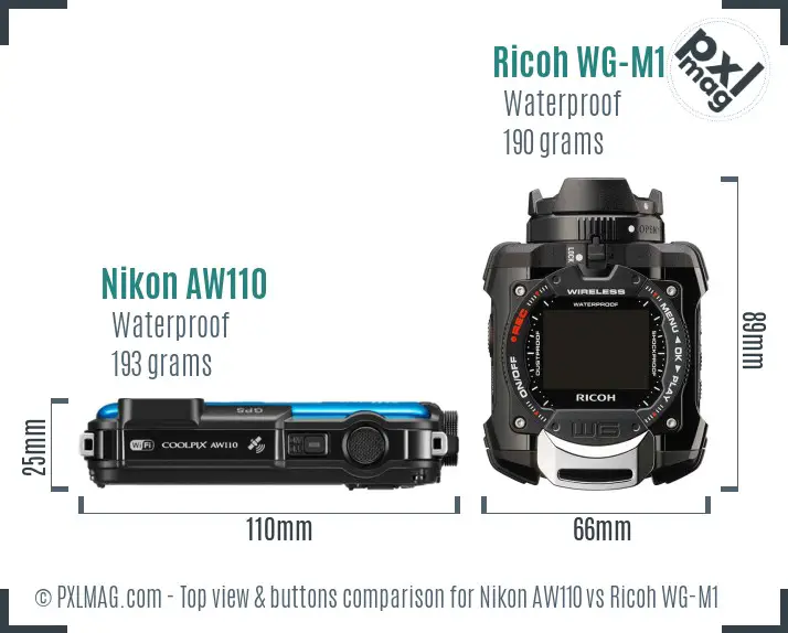 Nikon AW110 vs Ricoh WG-M1 top view buttons comparison Nikon AW110 vs Ricoh WG-M1 top view buttons comparison