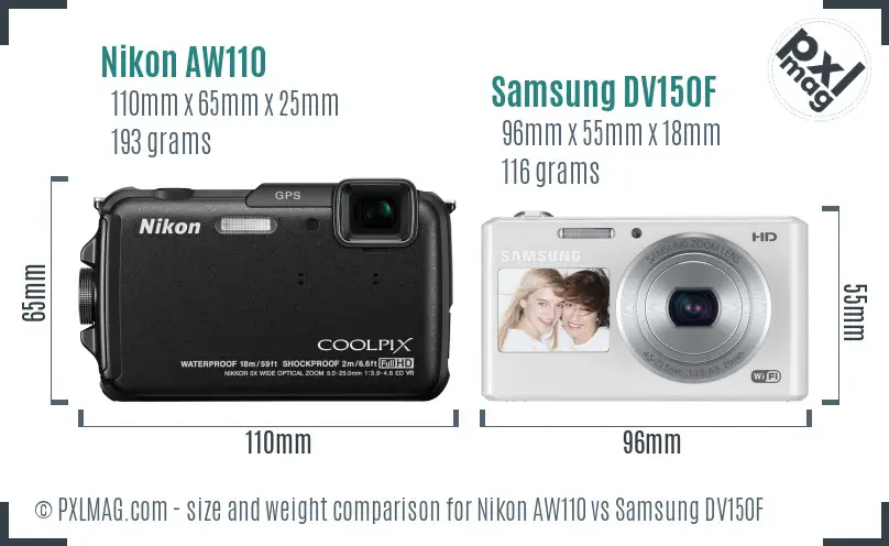Nikon AW110 vs Samsung DV150F size comparison