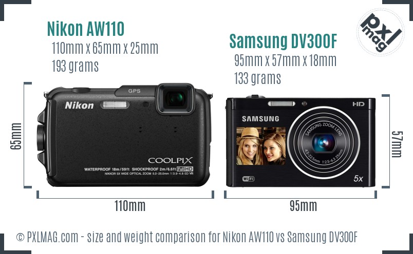 Nikon AW110 vs Samsung DV300F size comparison