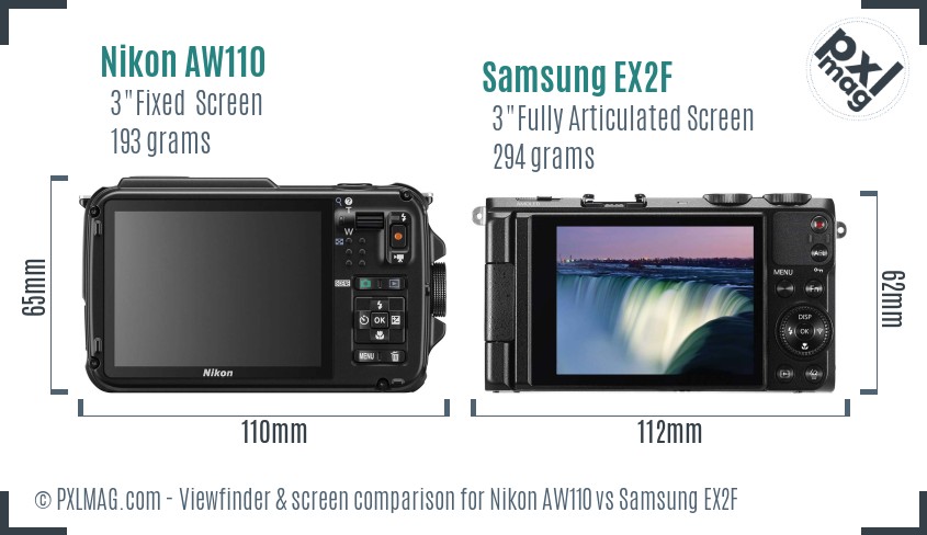 Nikon AW110 vs Samsung EX2F Screen and Viewfinder comparison