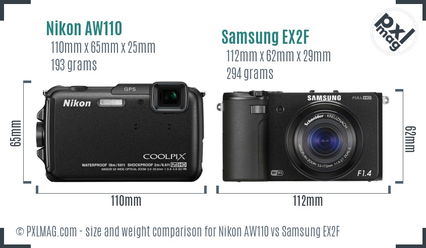 Nikon AW110 vs Samsung EX2F size comparison