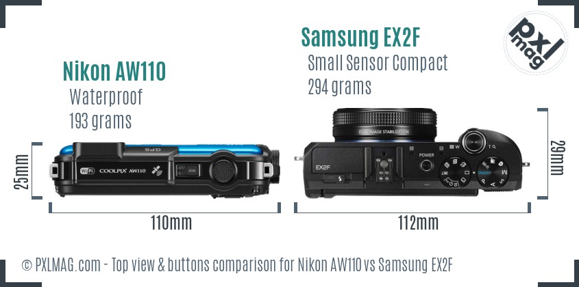 Nikon AW110 vs Samsung EX2F top view buttons comparison