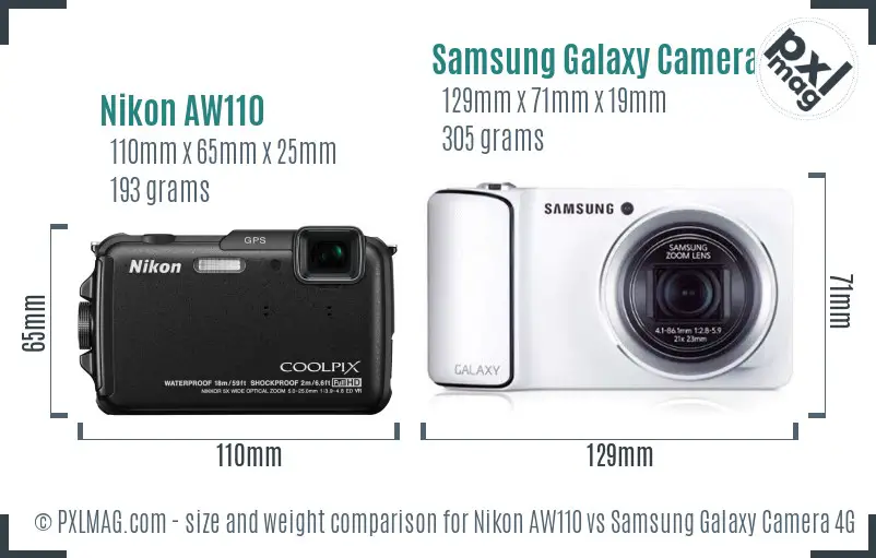 Nikon AW110 vs Samsung Galaxy Camera 4G size comparison