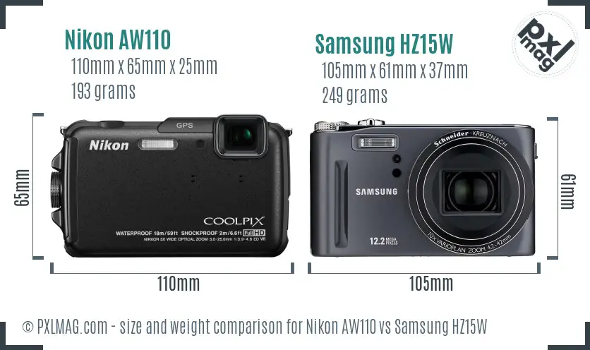 Nikon AW110 vs Samsung HZ15W size comparison