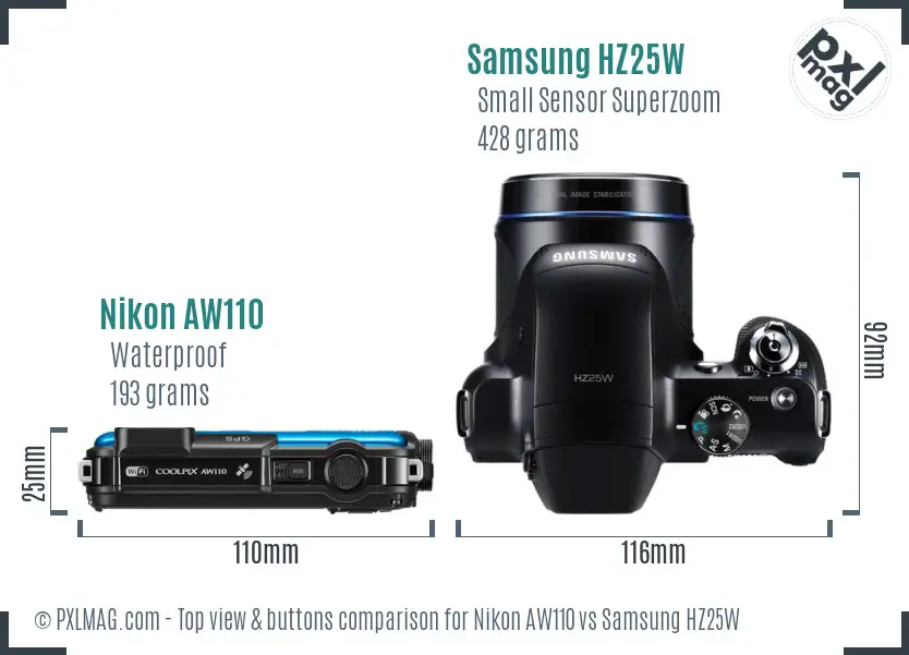 Nikon AW110 vs Samsung HZ25W top view buttons comparison Nikon AW110 vs Samsung HZ25W top view buttons comparison