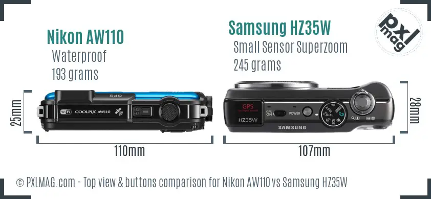 Nikon AW110 vs Samsung HZ35W top view buttons comparison Nikon AW110 vs Samsung HZ35W top view buttons comparison