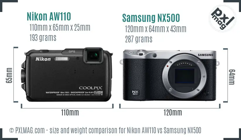 Nikon AW110 vs Samsung NX500 size comparison