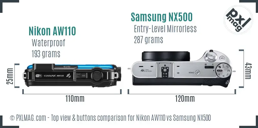 Nikon AW110 vs Samsung NX500 top view buttons comparison