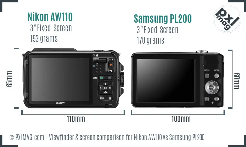 Nikon AW110 vs Samsung PL200 Screen and Viewfinder comparison