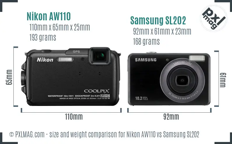 Nikon AW110 vs Samsung SL202 size comparison