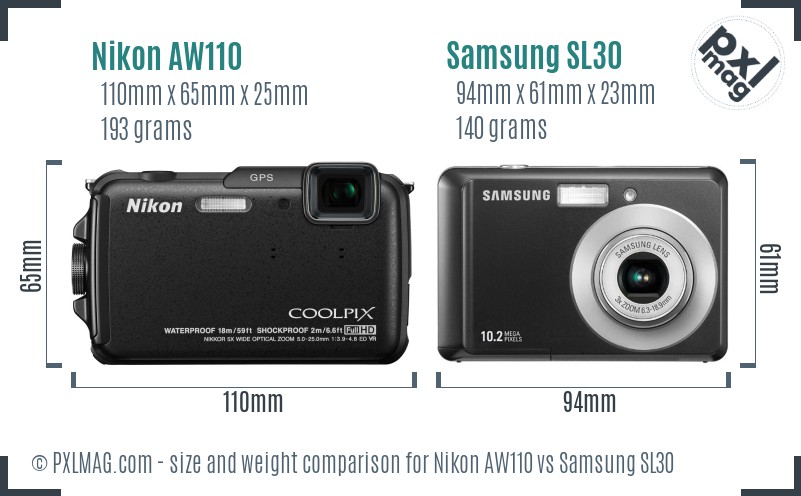 Nikon AW110 vs Samsung SL30 size comparison
