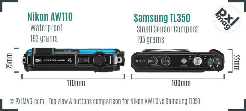 Nikon AW110 vs Samsung TL350 top view buttons comparison Nikon AW110 vs Samsung TL350 top view buttons comparison
