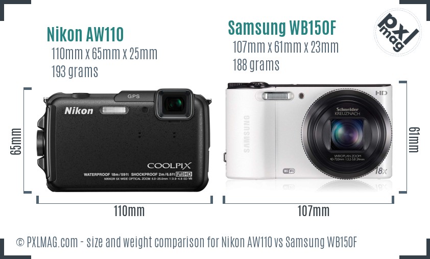 Nikon AW110 vs Samsung WB150F size comparison Nikon AW110 vs Samsung WB150F size comparison