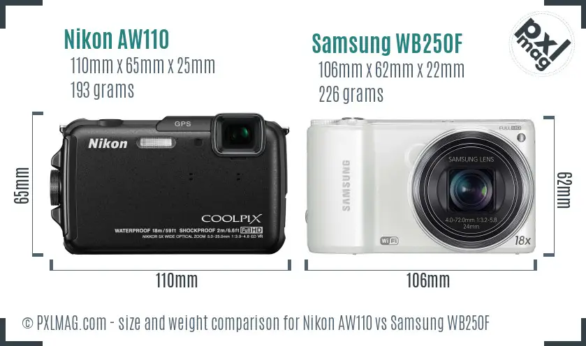 Nikon AW110 vs Samsung WB250F size comparison