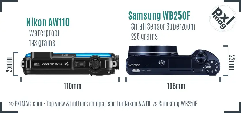 Nikon AW110 vs Samsung WB250F top view buttons comparison