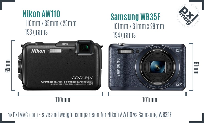 Nikon AW110 vs Samsung WB35F size comparison