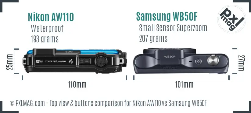 Nikon AW110 vs Samsung WB50F top view buttons comparison Nikon AW110 vs Samsung WB50F top view buttons comparison