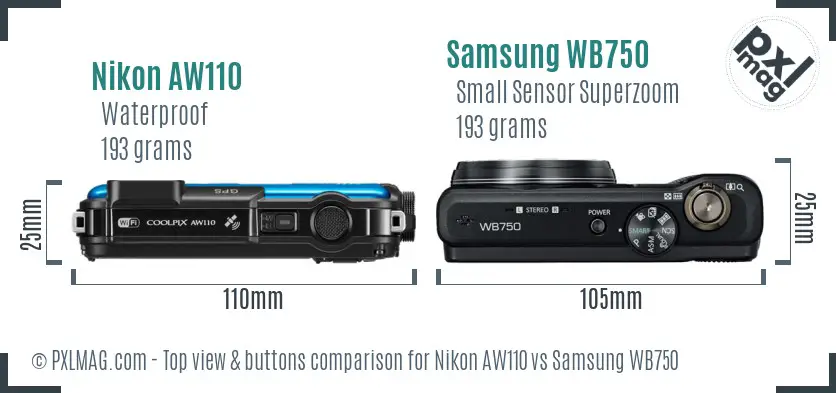 Nikon AW110 vs Samsung WB750 top view buttons comparison
