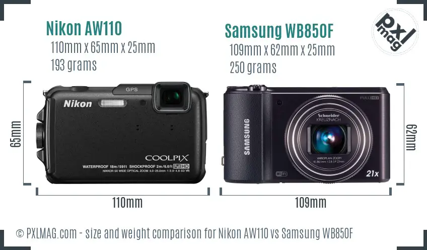 Nikon AW110 vs Samsung WB850F size comparison