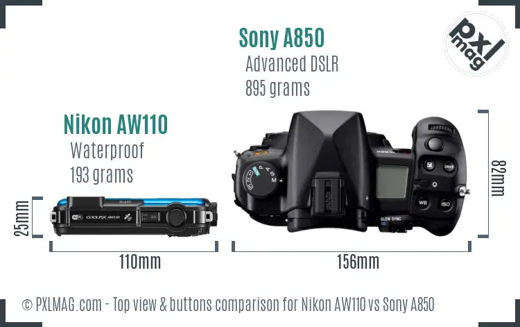 Nikon AW110 vs Sony A850 top view buttons comparison