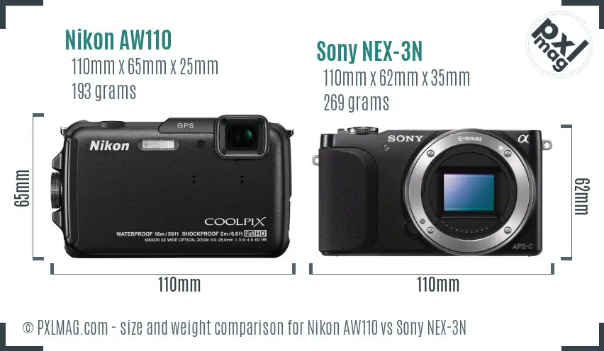 Nikon AW110 vs Sony NEX-3N size comparison