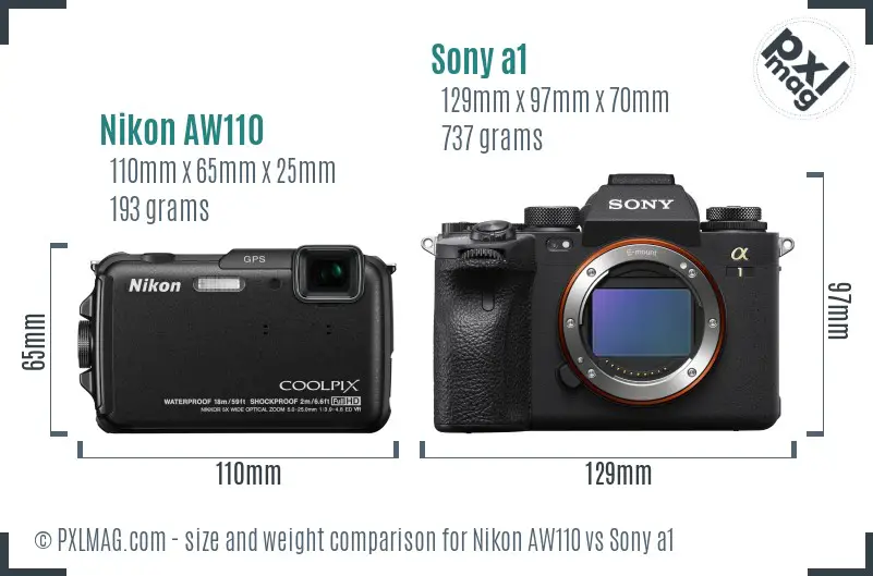 Nikon AW110 vs Sony a1 size comparison