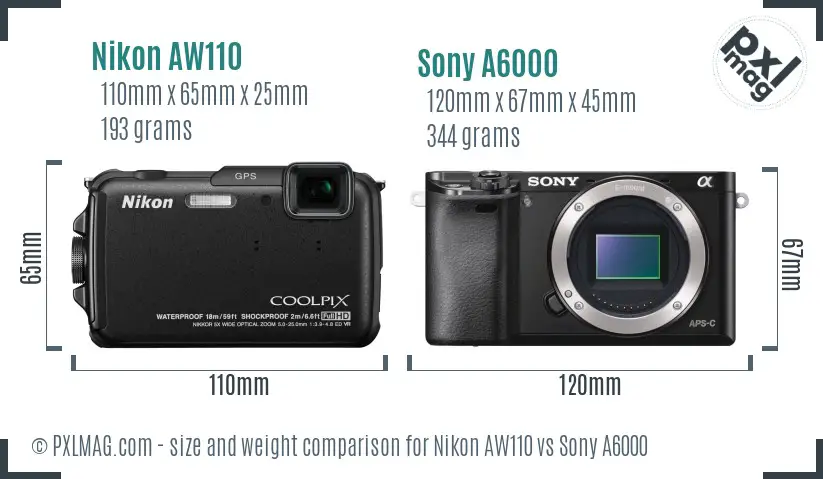 Nikon AW110 vs Sony A6000 size comparison