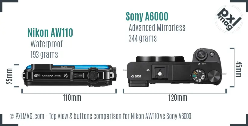 Nikon AW110 vs Sony A6000 top view buttons comparison
