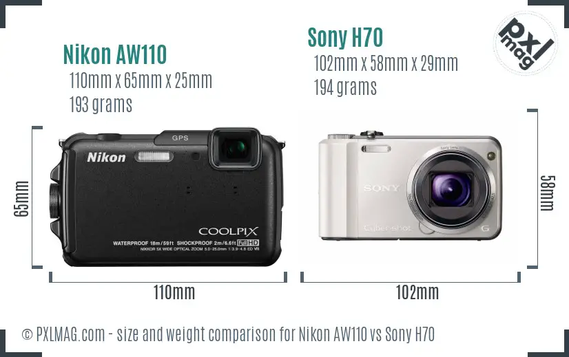 Nikon AW110 vs Sony H70 size comparison