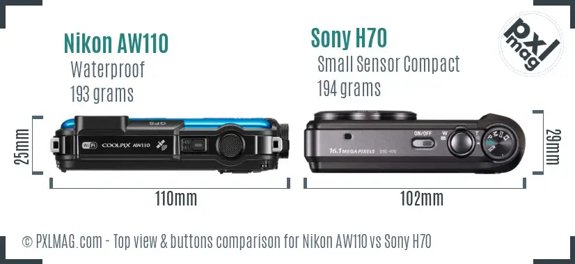 Nikon AW110 vs Sony H70 top view buttons comparison