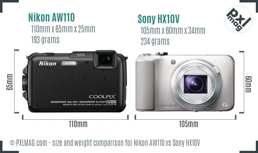 Nikon AW110 vs Sony HX10V size comparison