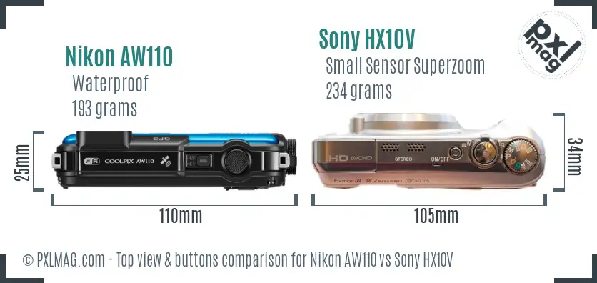 Nikon AW110 vs Sony HX10V top view buttons comparison