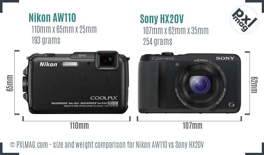 Nikon AW110 vs Sony HX20V size comparison Nikon AW110 vs Sony HX20V size comparison