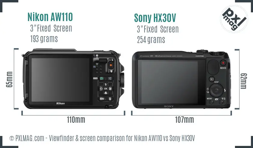 Nikon AW110 vs Sony HX30V Screen and Viewfinder comparison