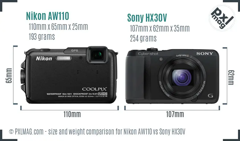 Nikon AW110 vs Sony HX30V size comparison