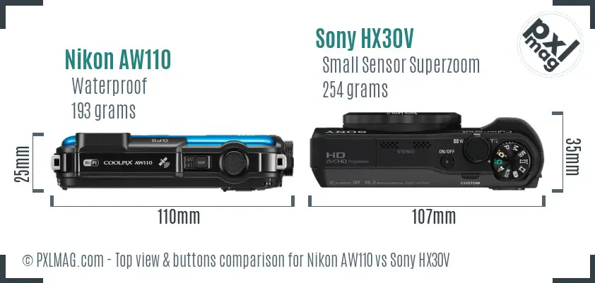 Nikon AW110 vs Sony HX30V top view buttons comparison