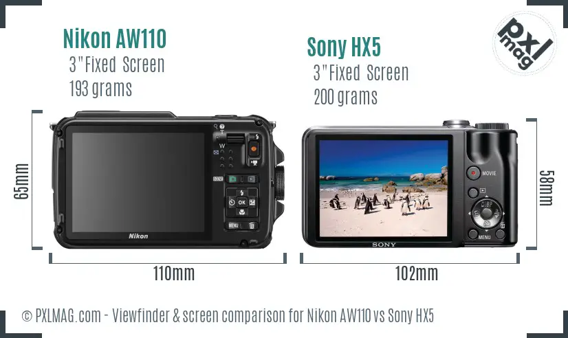 Nikon AW110 vs Sony HX5 Screen and Viewfinder comparison