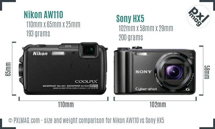 Nikon AW110 vs Sony HX5 size comparison