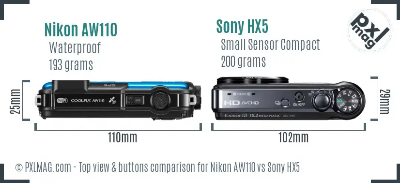 Nikon AW110 vs Sony HX5 top view buttons comparison