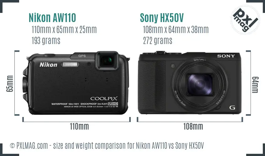 Nikon AW110 vs Sony HX50V size comparison