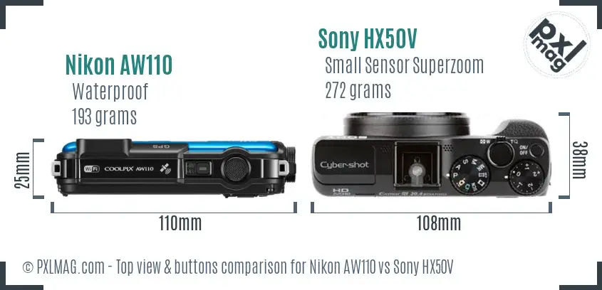 Nikon AW110 vs Sony HX50V top view buttons comparison