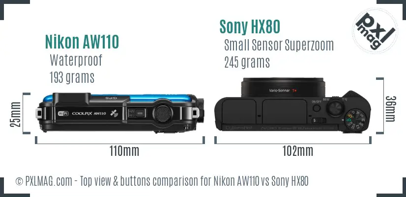Nikon AW110 vs Sony HX80 top view buttons comparison